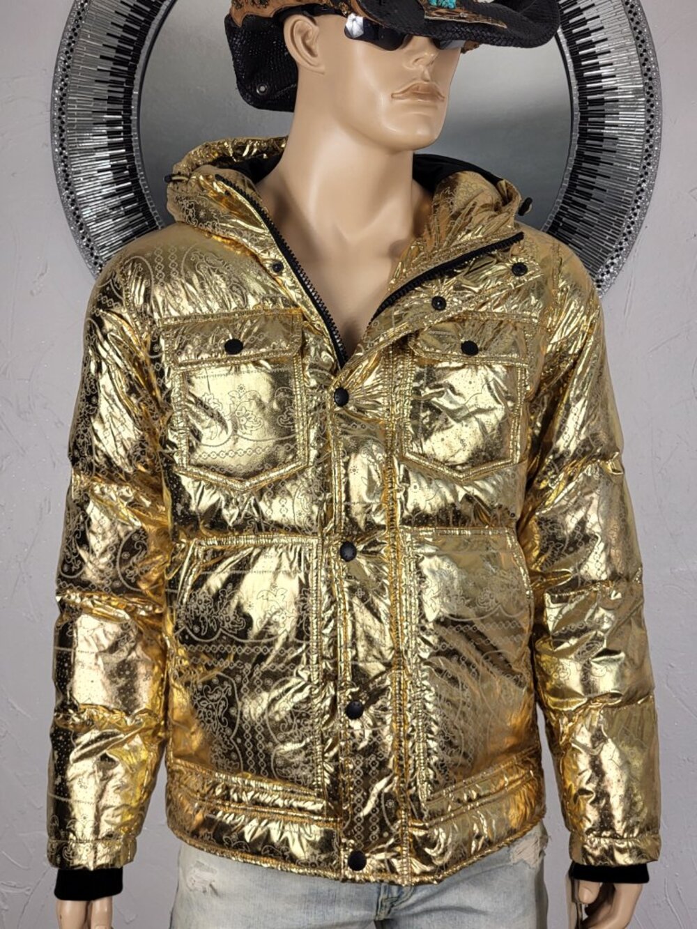 NWT~$225~LEVIS~SZ S~MENS GOLD METALLIC PUFFER BOMBER JACKET HOODED COAT POCKETS - Picture 14 of 16